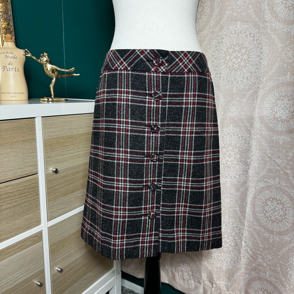 LOFT Gray Red Plaid Tartan A-Line Button Skirt Sz 4 Retro Twee Vintage Preppy